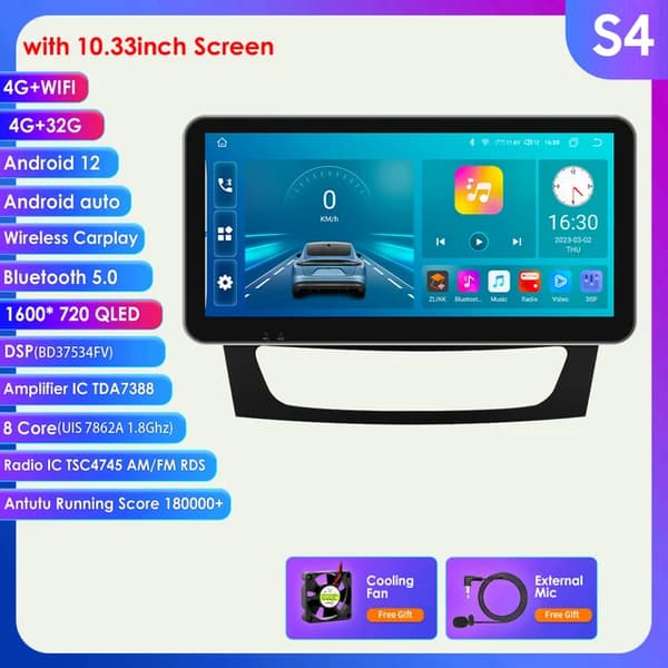 Android Auto bilradio, Multimedia Navi GPS, CarPlay, 10,33 TUM S4
