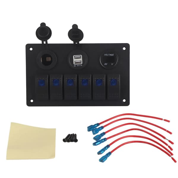 6-vägs strömbrytarpanel, dubbla USB-portar, voltmeter, cigarettändare,Blå