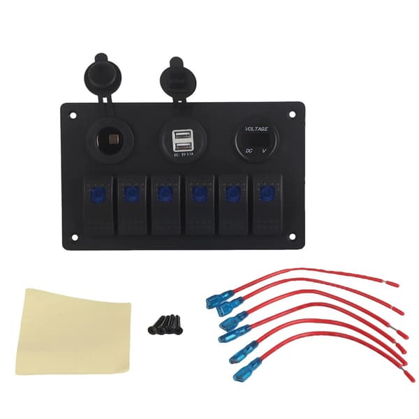 6-vägs strömbrytarpanel, dubbla USB-portar, voltmeter, cigarettändare,Blå