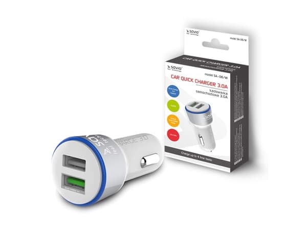 SAVIO SA-06/W - Bilstrømadapter - 3 A - QC 3.0 - 2 utgangskontakter (USB) - hvit