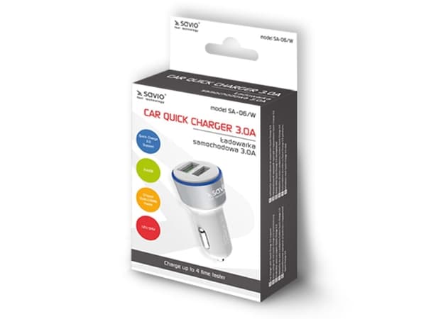 SAVIO SA-06/W - Bilstrømadapter - 3 A - QC 3.0 - 2 utgangskontakter (USB) - hvit