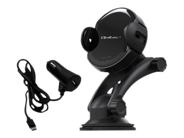 Qoltec Induction Wireless PRO Car Charger with IR Sensors - Trådløs ladeholder for bil + bilstrømadapter - 15 watt - 1.67 A - QC 3.0 - svart