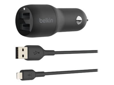 Belkin BoostCharge Dual Charger - Bilstrømadapter - 24 watt - 4.8 A - 2 utgangskontakter (USB) - på kabel: Lightning - svart Sort