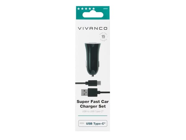 Vivanco CARCHARGERVVUSBC3A - Bilstrømadapter - 3 A - Fast Charge (USB) - på kabel: USB-C - svart