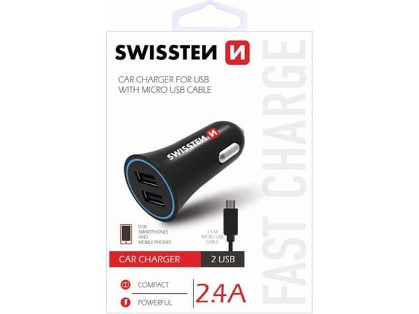 Swissten car charger, micro USB, 12V, 5V, 2400mA, for charging mobile phones and GPS (20110900)