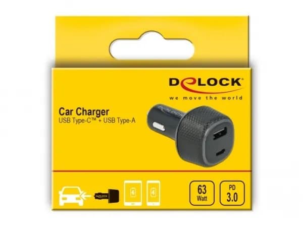 Delock - Bilstrømadapter - 63 watt - 3 A - PD (USB, 24 pin USB-C) - svart Sort