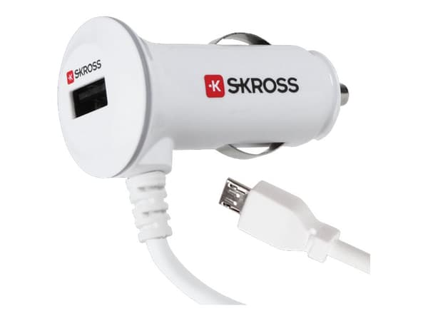 SKROSS Midget USB Car Charger PLUS - Strömadapter för bil - 2.1 A - 2 utdatakontakter (USB, mikro-USB typ B) - på kabel: Micro-USB - vit Vit