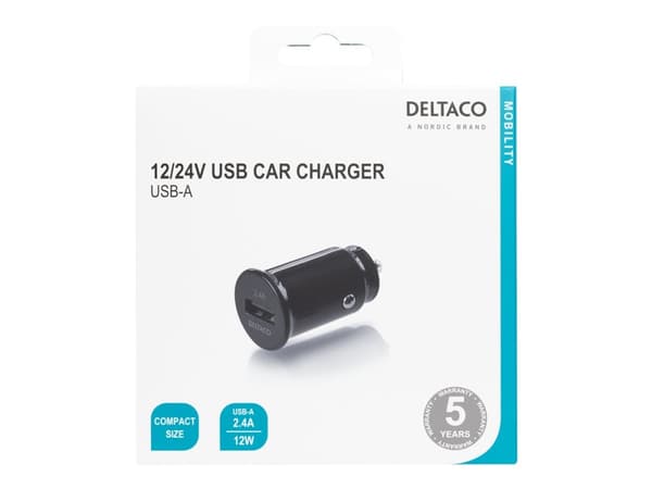 DELTACO USB-CAR123 - Bilstrømadapter - 12 watt - 2.4 A (USB) - svart
