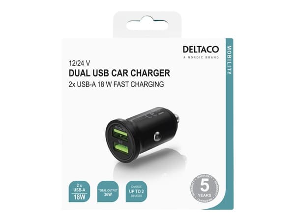DELTACO USB-CAR128 - Bilstrømadapter - 36 watt - 3 A - 2 utgangskontakter (USB) - svart