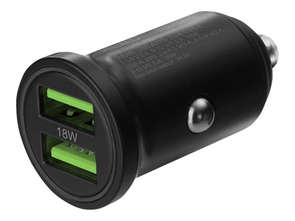 DELTACO USB-CAR128 - Bilstrømadapter - 36 watt - 3 A - 2 utgangskontakter (USB) - svart