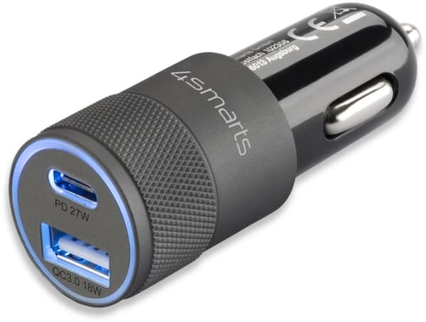 4smarts Rapid+ - Auton virtalähde - 27 Watt - 3 A - PD, QC 3.0 - 2 lähtöliitäntää (USB, USB-C) - harmaa, musta