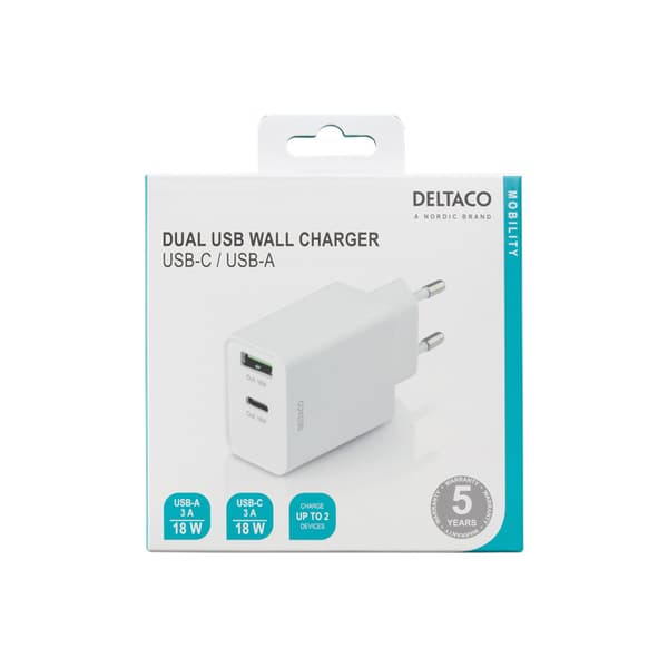 Kraftfull USB-laddare, 2 portar, PD, 1x USB-A, 1x USB-C, Deltaco