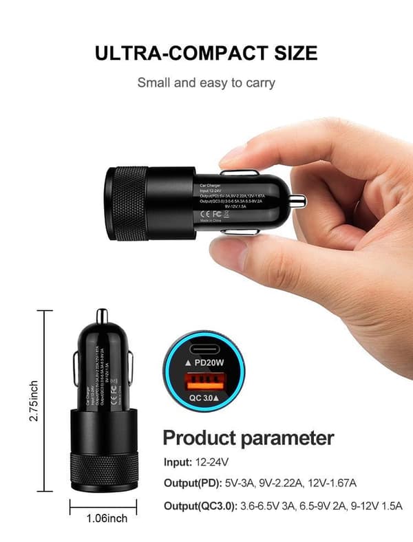 38 W kaksoisautolaturi 20 W USB-C ja 18 W USB-A QC3.0