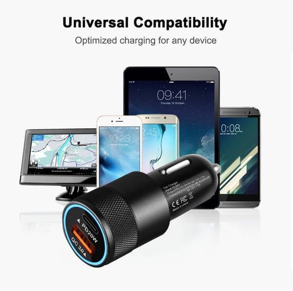 38 W kaksoisautolaturi 20 W USB-C ja 18 W USB-A QC3.0