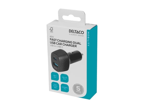USB-autolaturi DELTACO 1x USB-A 18 W, 1x USB-C PD 45 W, yhteensä 63 W / USBC-CAR123