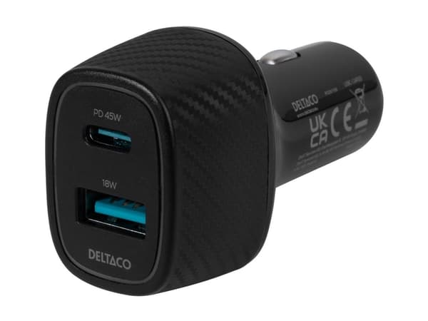 USB-autolaturi DELTACO 1x USB-A 18 W, 1x USB-C PD 45 W, yhteensä 63 W / USBC-CAR123