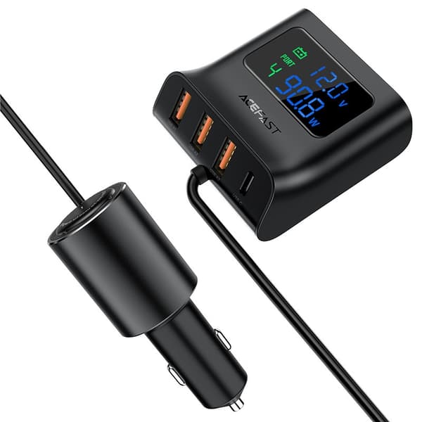 Acefast Billaddare 90W 3x USB Till USB-C Cigarettändare - Svart