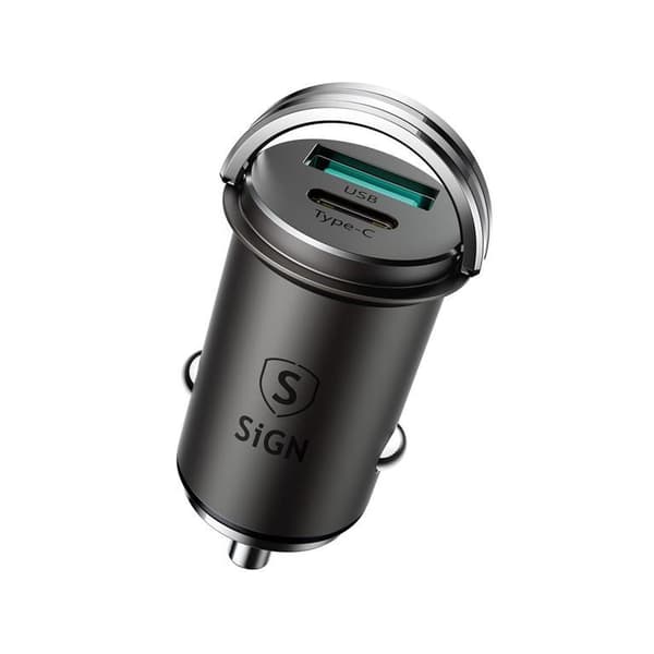 SiGN Mini Billaddare USB & USB-C, PD & Q.C3.0, 5A, 20W - Svart