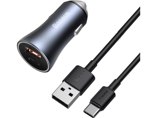 Baseus Golden Contactor Pro autolaturi, USB + USB-C, QC4.0+, PD, SCP, 40W (harmaa) + USB-C-kaapeli 1m (musta)