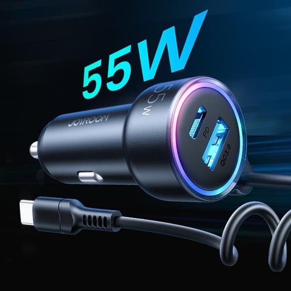 Joyroom 3-i-1 Snabb Billaddare 45W med USB-C Kabel 1.5m - Svart