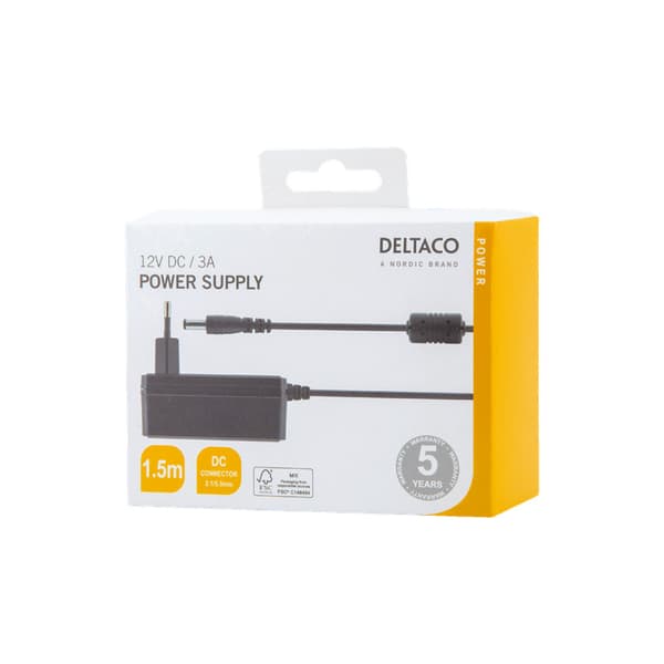 Kraftfull DELTACO nätadapter, 100-240V till 12V 3A, till LED mm