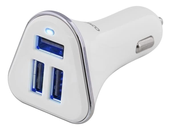 DELTACO autolaturi, 5,2A, 3xUSB Type A, 12-24V DC-sis.tulo, valk./hop.