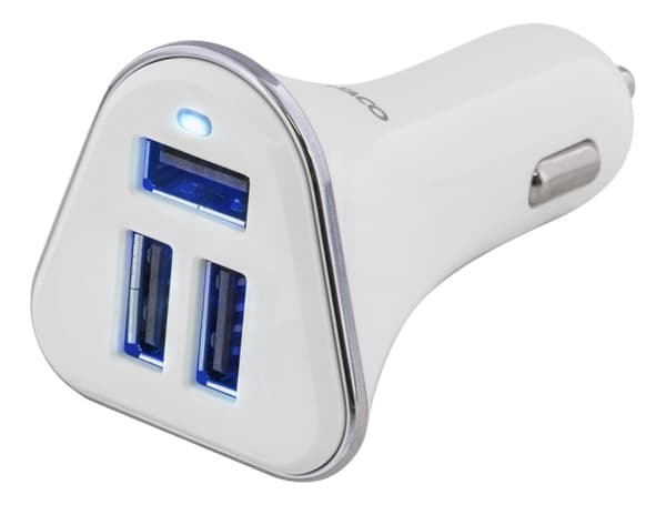 DELTACO autolaturi, 5,2A, 3xUSB Type A, 12-24V DC-sis.tulo, valk./hop.
