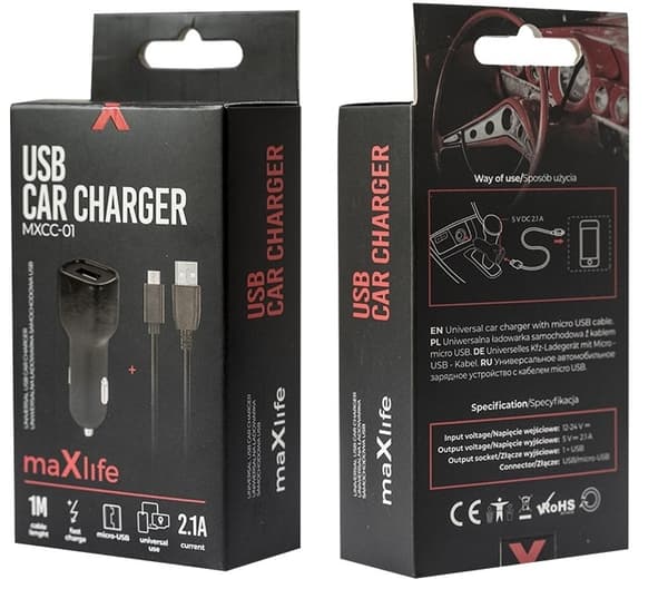 Maxlife MXCC-01 USB biloplader 1x USB 2.1A + microUSB-kabel
