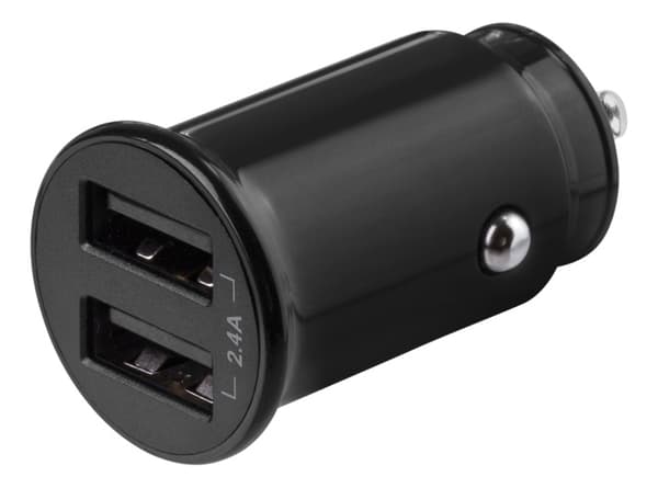 DELTACO 12/24 V USB car charger with compact size and dual USB-A ports Sort