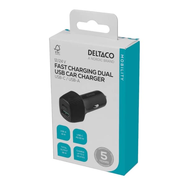 DELTACO USB car charger, 1x USB-C, PD 18 W, 1x USB-A, 18 W, total 36 W