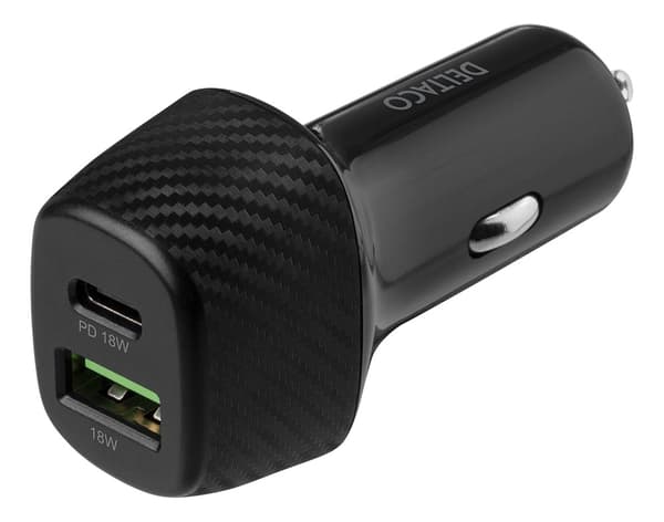 DELTACO USB car charger, 1x USB-C, PD 18 W, 1x USB-A, 18 W, total 36 W