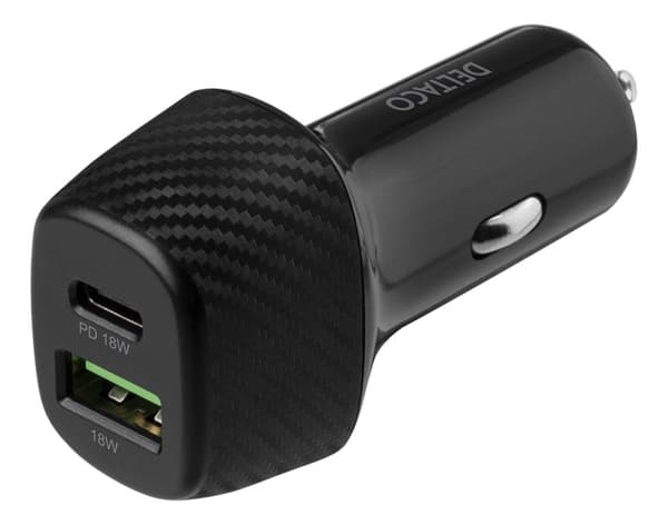 DELTACO USB car charger, 1x USB-C, PD 18 W, 1x USB-A, 18 W, total 36 W