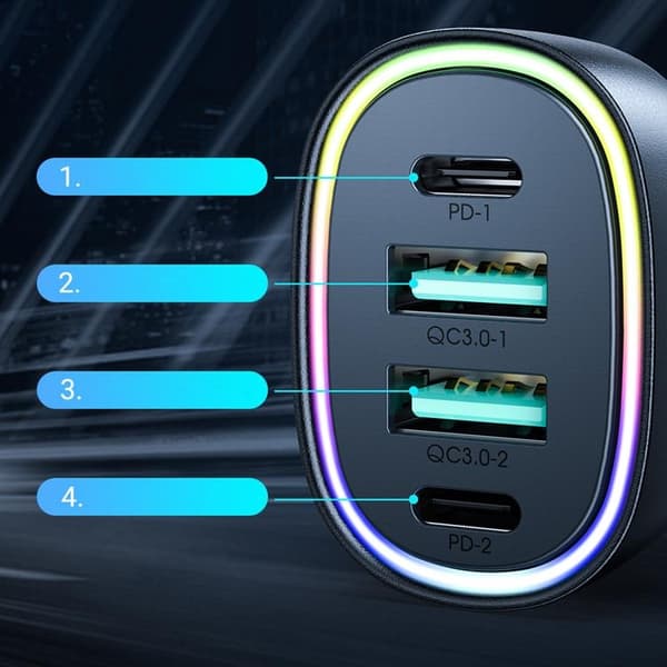 Joyroom Billaddare 4-Ports 2x USB/2x USB-C - Svart