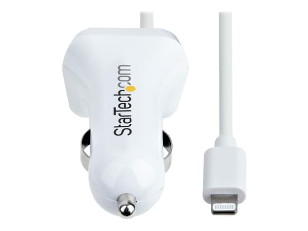 StarTech.com Lightning Car Charger with 1m Coiled Lightning Cable, 12W, White, 2 Port USB Car Charger Adapter for Phones and Tablets, In Car Apple iP
