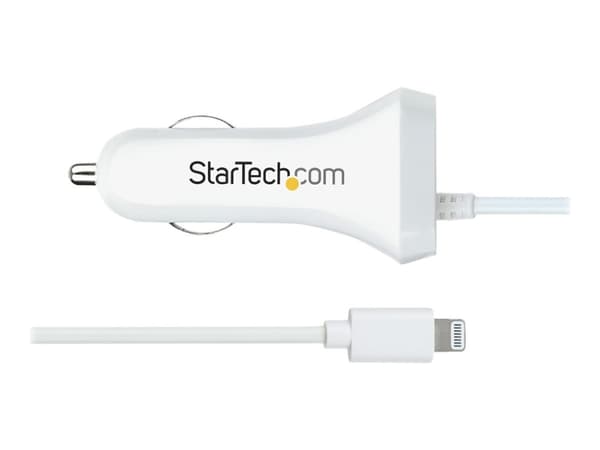 StarTech.com Lightning Car Charger with 1m Coiled Lightning Cable, 12W, White, 2 Port USB Car Charger Adapter for Phones and Tablets, In Car Apple iP
