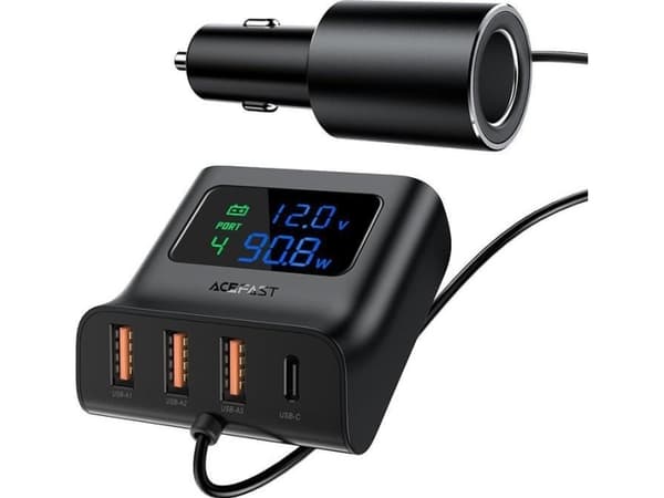 Acefast Acefast autolaturi 90W USB Type C / 3x USB / tupakansytytinliitäntä, PPS, PD3.0, QC3.0, AFC, FCP latausasema musta (B8 musta)