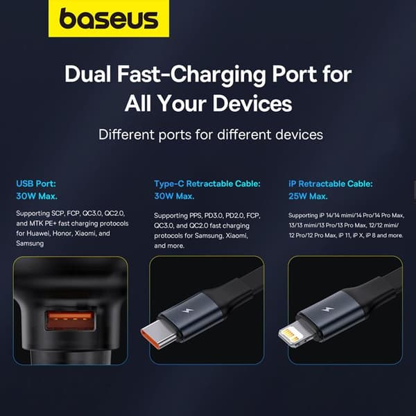 Baseus Enjoyment USB-A Billaddare med USB-C/Lightning 60W Kabel - Svart