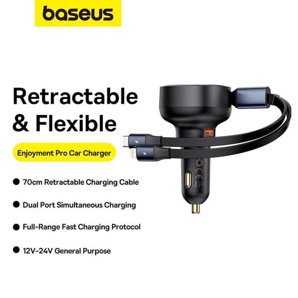 Baseus Enjoyment USB-A Billaddare med USB-C/Lightning 60W Kabel - Svart