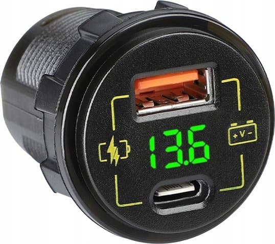 Puhallusauton laturi USB+USB-C M18A volttimittari