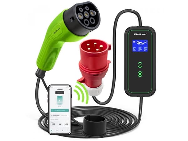 Qoltec Mobile EV-laturi säädettävällä 2in1 Type2 | 11kW | CEE 5 PIN | Wi-fi | LCD | 3-vaiheinen | Kannettava | Wallbox | 5m