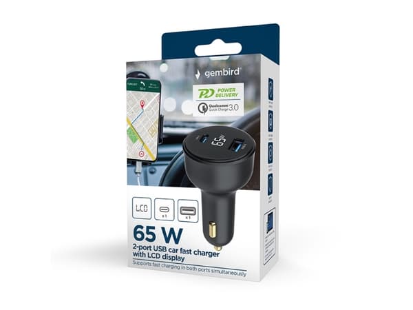 GEMBIRD GEMBIRD Nopea autolaturi 2x USB Type-C PD LCD 65 W musta