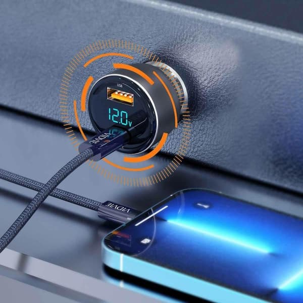 Bil-laddare med LED-display 2x (USB-A USB- C)