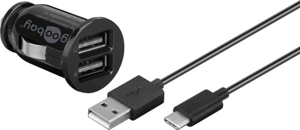 Goobay Dual USB laddare för bil USB-C™, USB-A (12 W) Laddningsadapter för bil med 2x USB-A och USB-C™-kabel 1,0 m (svart) Sort