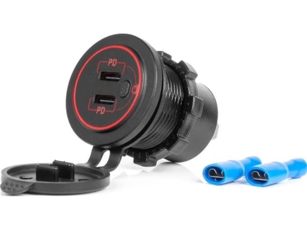 AMiO-lader Billader med USB-uttak, vanntett, med bryter 2x USB-C 12v 24v amio-04224