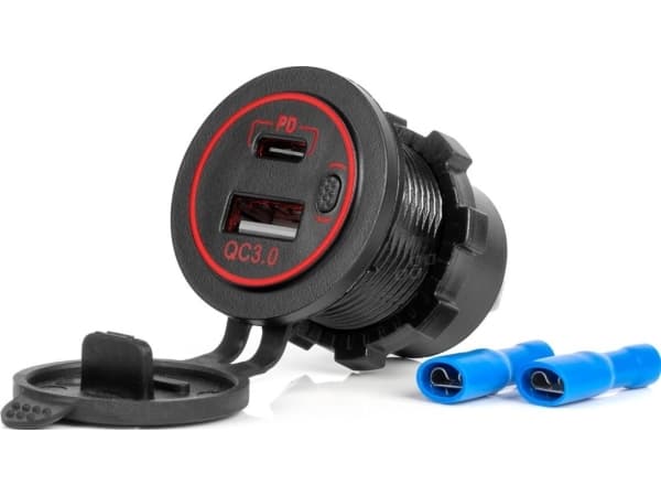 AMiO-lader Billader med USB-uttak vanntett USB + USB-C qc3.0 12v 24v amio-04221