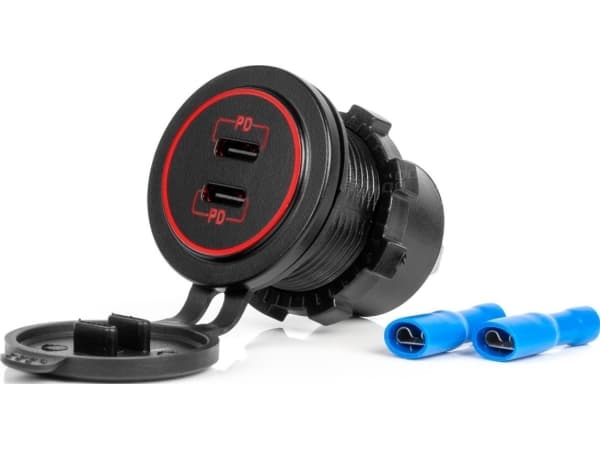 AMiO autolaturi usb-pistorasioilla vedenpitävä 2x usb-c 12v 24v amio-04223