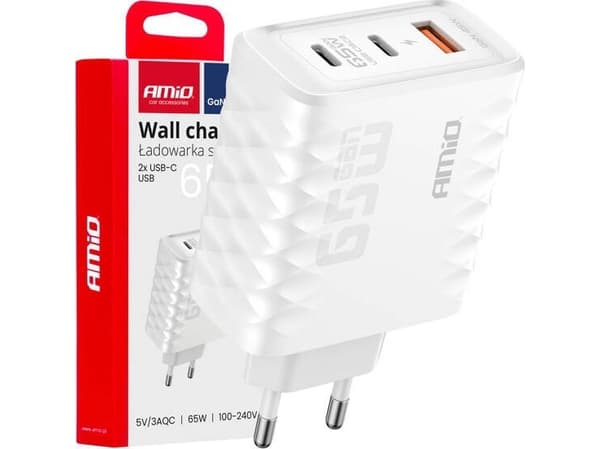Hurtiglading 65W USB-A + 2x USB-C AMIO-04289 vegglader