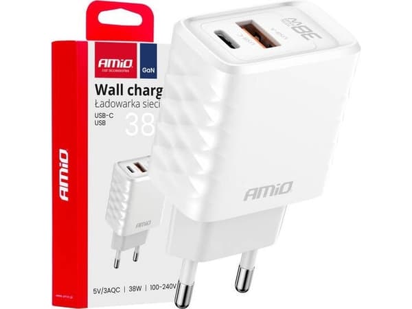 Hurtiglading GaN 38W USB-A + USB-C Vegglader AMIO-04287