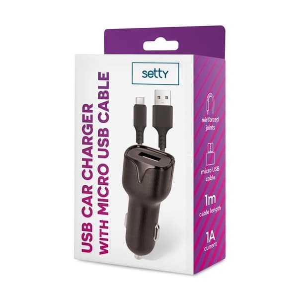 Setty Billaddare 1x USB 1A Med Micro-USB Kabel 1m - Svart