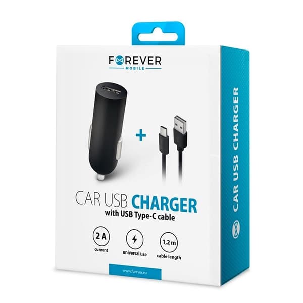 Forever Billaddare 1xUSB 2A + USB-C Kabel M02 - Svart